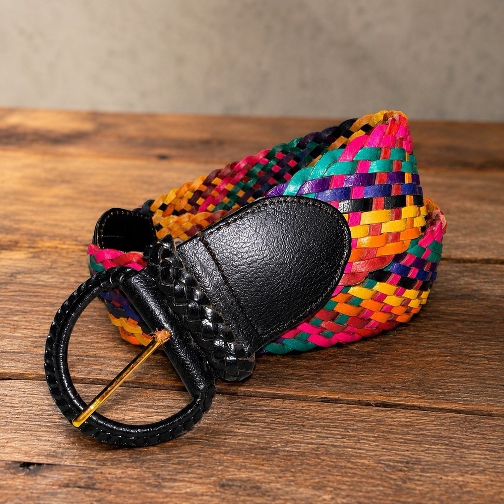 VTG Women's Sun Belt Multicolored Rainbow Woven Braided Wide Leather Belt Boho